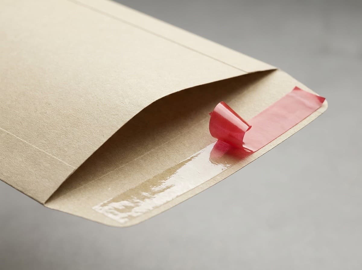 Double-sided tape finish — envelope flap adhesive strip with the red release liner peeled back