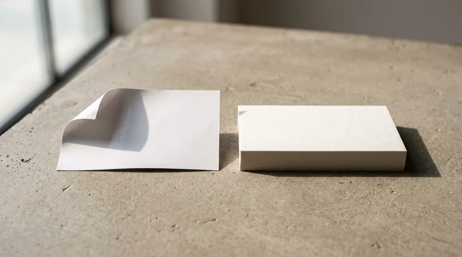 Two networking cards side by side — a thin flimsy card curling at the corner next to a substantial matte card lying flat