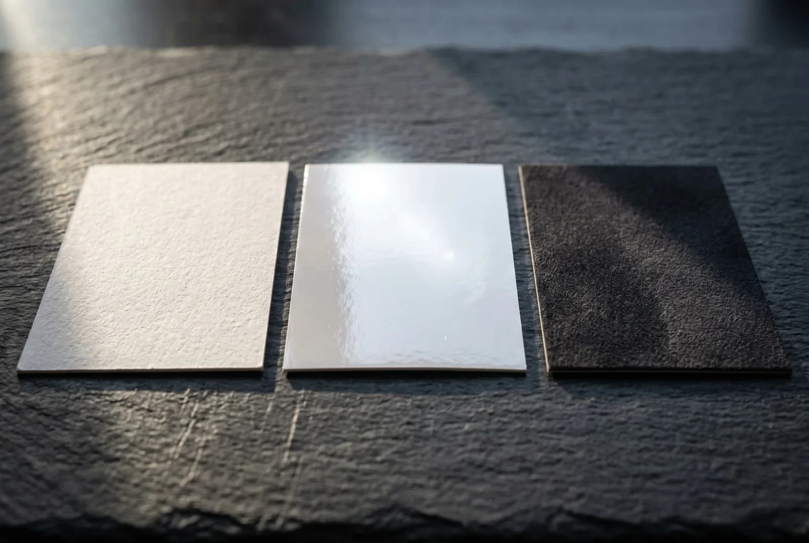 Close-up comparison of matte, gloss, and soft-touch business card surfaces under raking light showing their different sheen levels