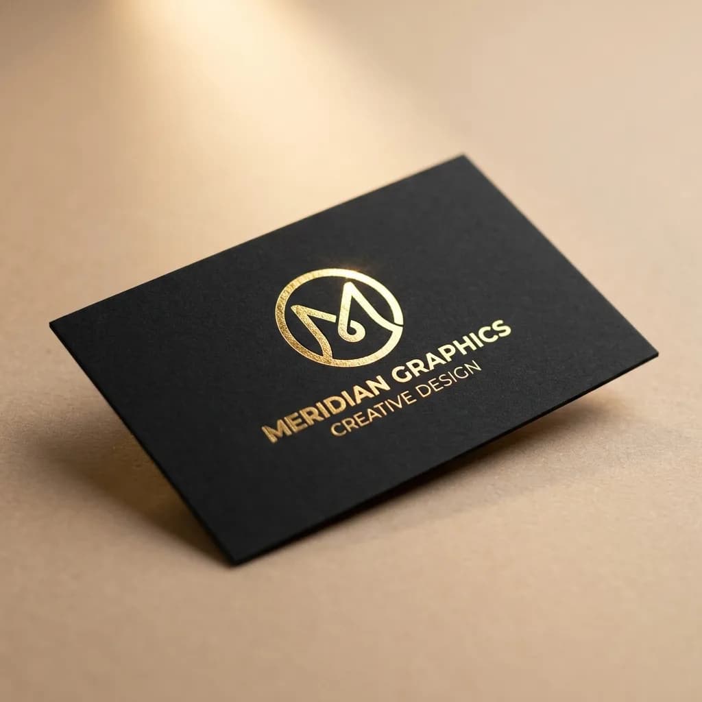 Hand tilting a soft-touch business card under warm light so a gold foil logo catches the light against the matte surface