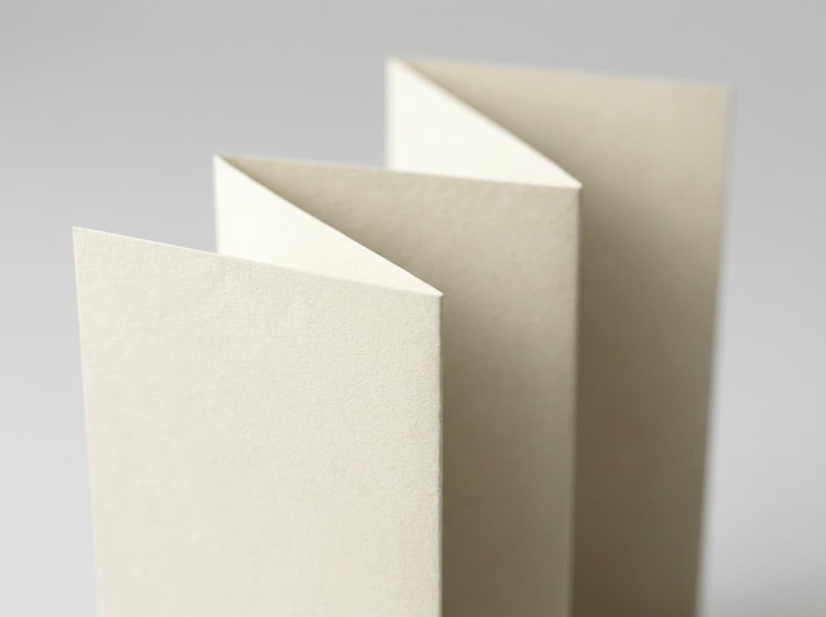 Folding finish — cream tri-fold leaflet standing upright on crisp accordion fold creases