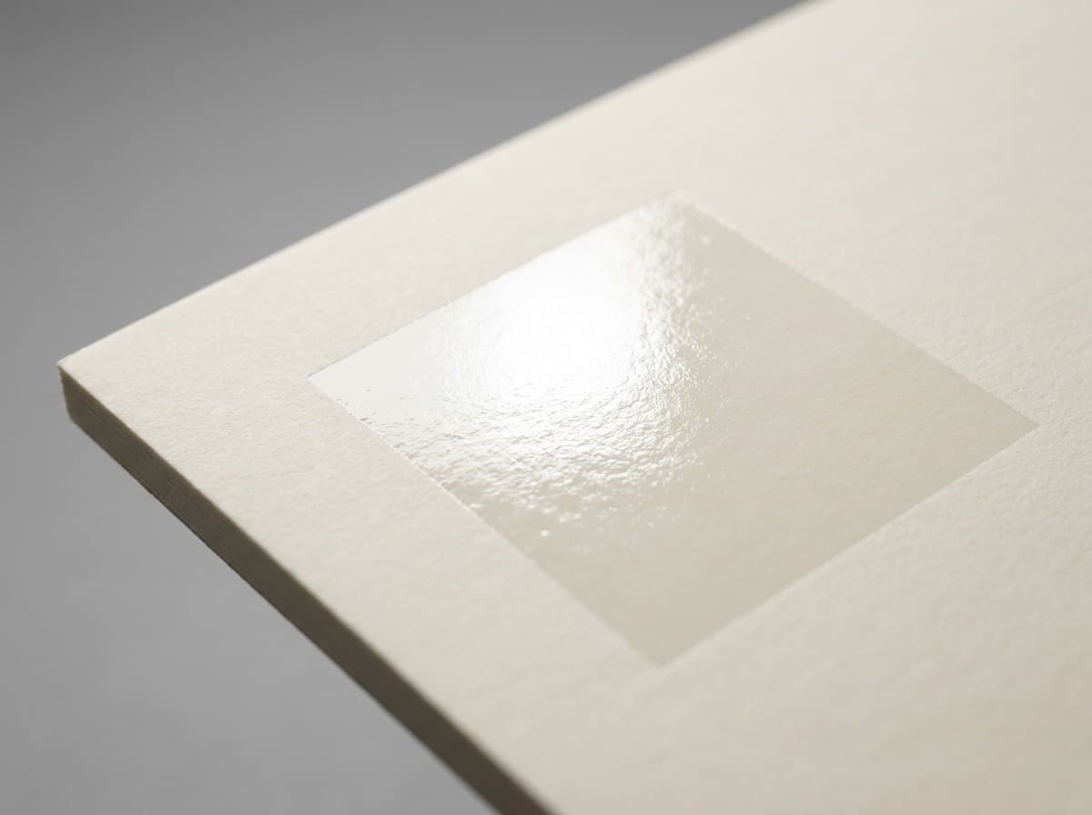 Spot coating finish — glossy spot UV panel reflecting light on a matte laminated printed sheet